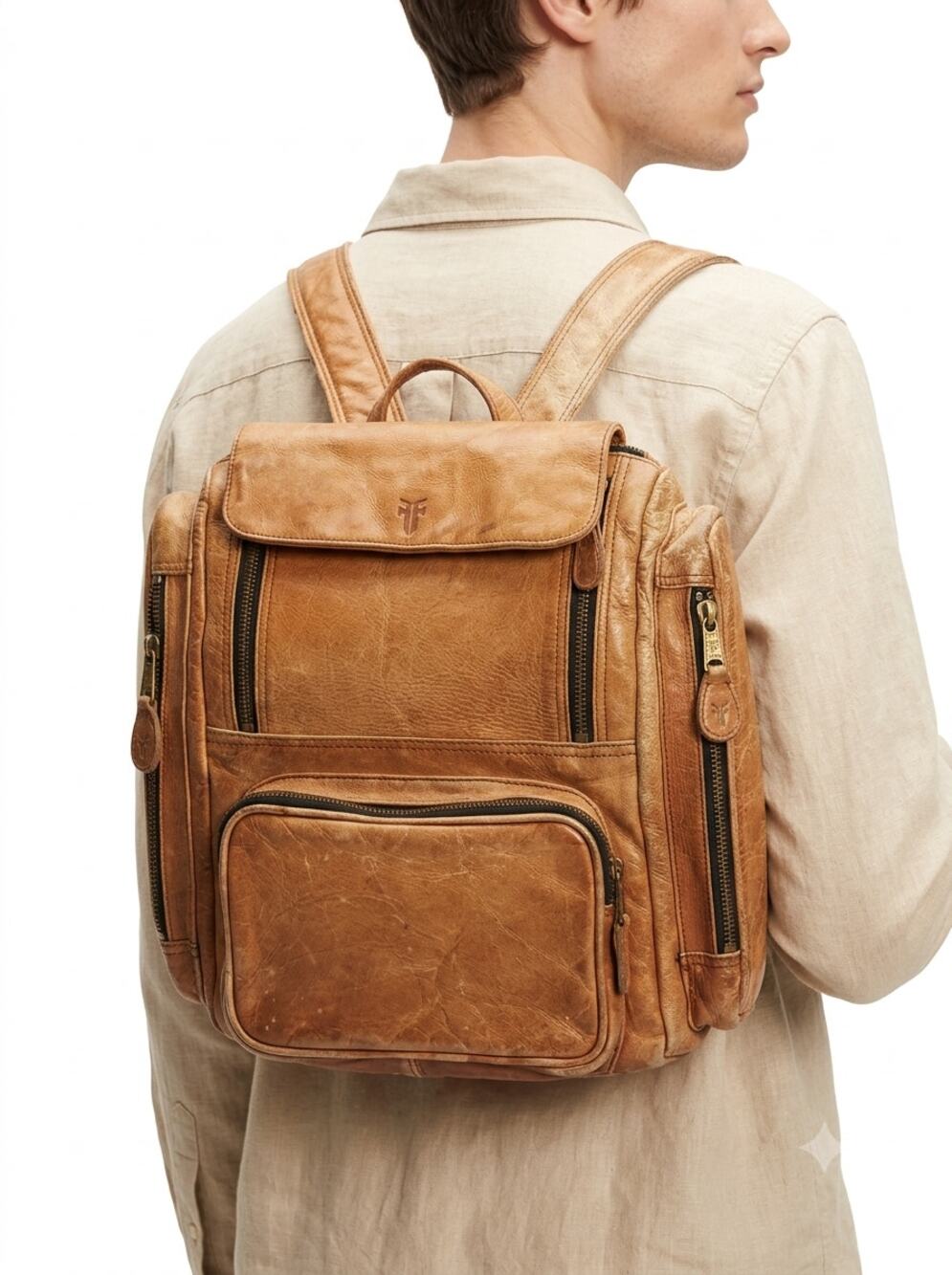 VTG FRYE Benchcrafted Backpack Unisex Tan Leather Zip Pocket Rucksack Travel Bag